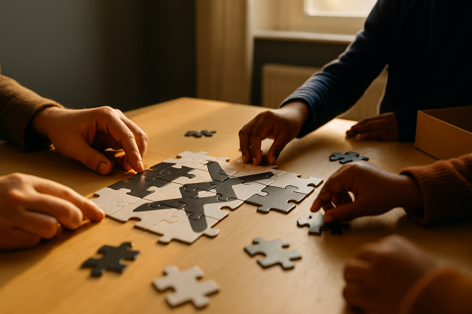Carer and children completing a colourful jigsaw puzzle together